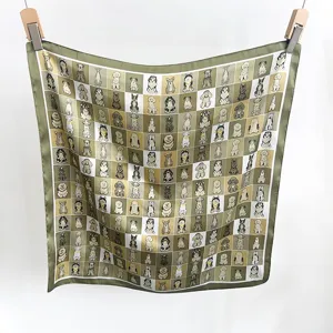 Chic green checkered silk square scarf featuring cute various cartoon dogs pattern for women.