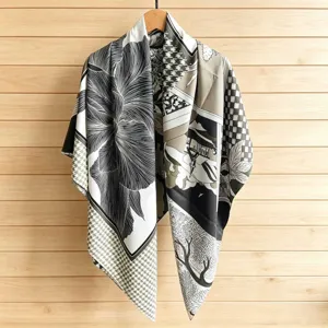 Chic printed square silk scarf shawl, elegant black and white design for summer outdoor.