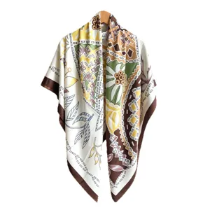 Women's silk square scarf stylish geometric floral print sun protection shawl beach wrap.