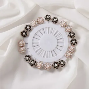 Camellia flower pearl brooch pins set, elegant white and black shawl pins for women.