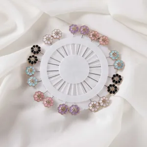 Colorful floral head pins set with round storage holder for sewing tailoring and scarf fixing.