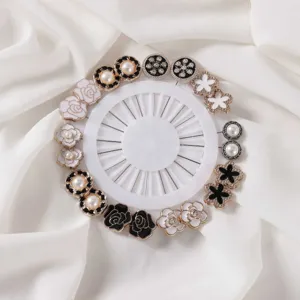 Pearl and flower brooch pin set, elegant black and white anti-glare decorative pins for clothing.