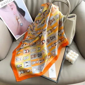 Chic cartoon dog print square silk scarf with vibrant orange border for stylish women.
