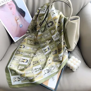 Green checkered silk square scarf for women, cute cartoon puppy print, fashion chic neckerchief.