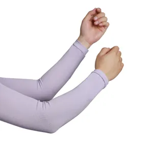 Details showing light purple sun protection ice sleeves worn on arms, smooth fabric modal.