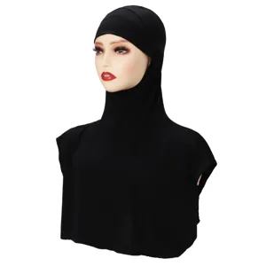 Close-up detail of the black modal cotton one-piece hijab under-cap and fake collar.