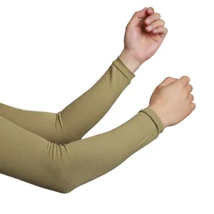 Detailed view of modal cotton sun protection arm sleeves in khaki color, outdoor driving gear.