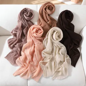 Women Fashion Solid Color Pleated Fringe Long Scarf Lightweight Breathable Polyester Shawl Head Wrap For All Seasons