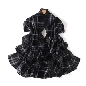 Navy blue and white plaid chiffon scarf, elegant lightweight women's long shawl wrap.