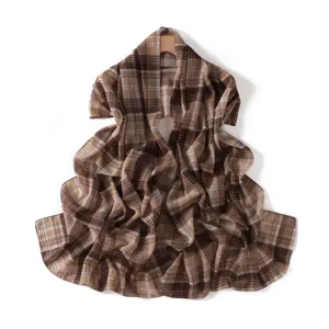 Brown plaid chiffon scarf elegant long shawl for women autumn winter fashion accessory