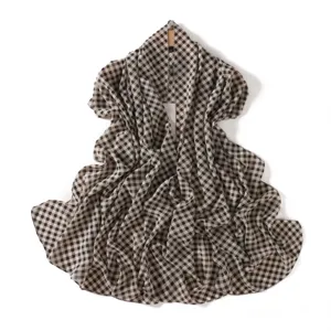 Chic black and white gingham chiffon long scarf, lightweight breathable beach shawl accessory.