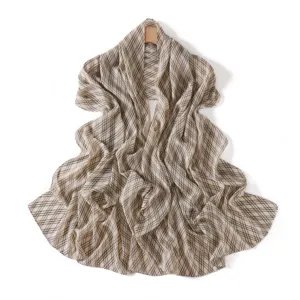 Beige and black plaid chiffon scarf, elegant lightweight women's long shawl for travel.