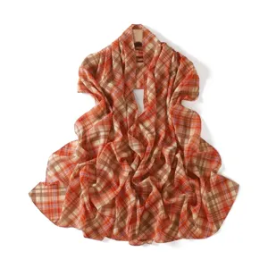 Elegant orange plaid chiffon scarf, lightweight long shawl for women, stylish beach wrap.