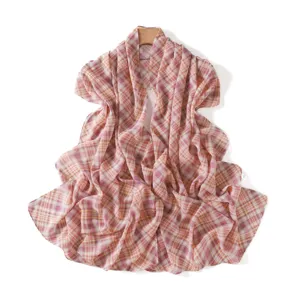 Women fashion fresh pink plaid chiffon long scarf shawl lightweight beach wrap hijab