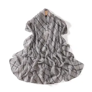 Elegant grey plaid chiffon long scarf shawl for women lightweight breathable fashion accessory