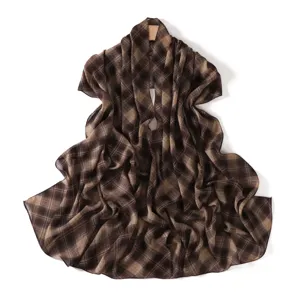 Chic brown plaid print chiffon long scarf and travel shawl, elegant accessory for women.