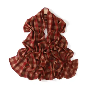 Chic red beige plaid chiffon scarf shawl for women, lightweight travel beach wrap accessory.