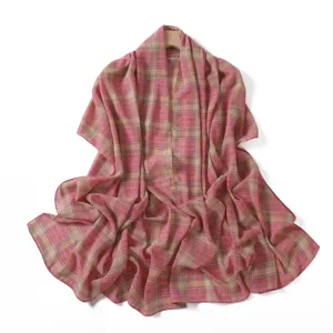 Pink plaid chiffon long scarf and beach shawl, elegant floral print wrap for women.