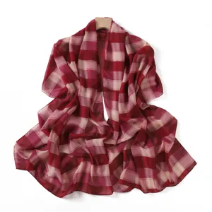 Chic red plaid chiffon scarf for women, lightweight long shawl and stylish beach wrap.