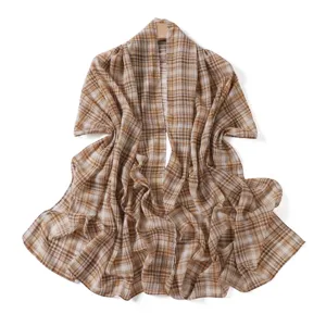 Elegant brown plaid chiffon scarf for women, lightweight summer beach shawl and wrap.