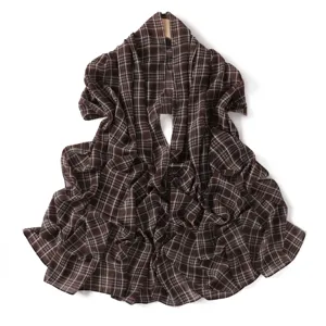Women brown plaid chiffon long scarf elegant vintage shawl beach wrap sun protection
