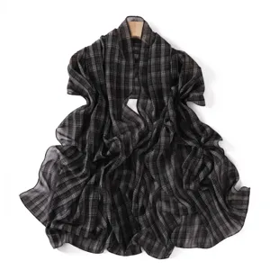 Detailed view of women soft black grey plaid chiffon scarf lightweight fabric elegant shawl design