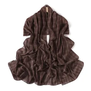 Women's brown plaid chiffon long scarf, stylish lightweight shawl for travel, beach and daily wear.