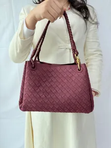 Women woven shoulder bag retro large capacity suede handbag elegant braided strap casual purse
