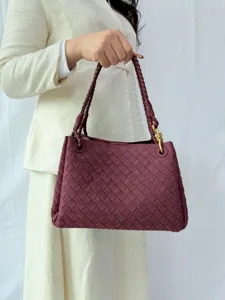 Women vintage suede woven shoulder bag large capacity casual handbag with braided handle