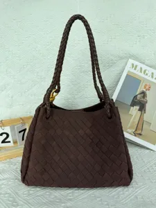 Elegant brown woven leather shoulder bag, vintage suede handmade tote handbag for women.