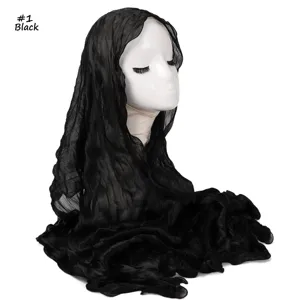 Lightweight black crinkled hijab scarf solid color ruffle edge long shawl for women daily wear.