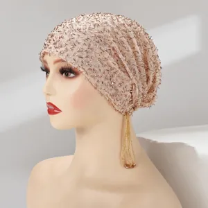 Luxury beaded mesh turban hat with fringe tassel, elegant elastic headwear for women.