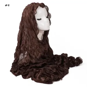 Dark brown crinkled hijab scarf detail, lightweight sheer gauze with lettuce edge design.