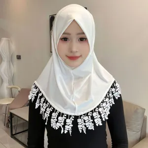 White crystal linen hijab with delicate lace tassel trim, elegant Muslim headscarf for women.