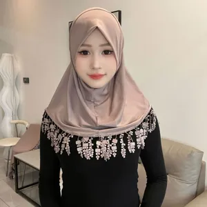 Women crystal linen hijab with delicate lace tassel floral hem solid color soft head cover scarf