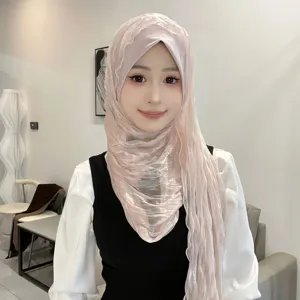 Luxury crystal linen wrinkle hijab head cover detail view, elegant solid color scarf.