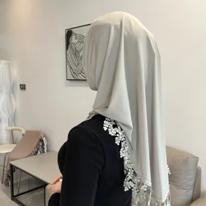 Crystal linen soft brim hijab with delicate lace tassel trim, elegant solid color head cover.