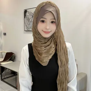 Detailed shot of the solid color crystal linen soft brim hijab wrap scarf, elegant style.