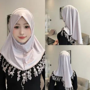 Crystal linen hijab with lace tassel edge, solid color soft brim headscarf for women