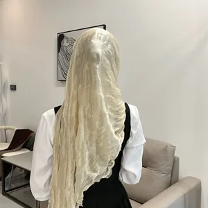 Detailed view of the luxury solid color pleated crystal linen wrap hijab headscarf for women.