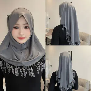 Grey crystal hemp hijab featuring delicate lace tassel edge, soft brim instant headscarf.