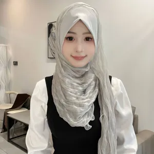 Elegant solid color crinkled hijab head cover fashion soft wrap stylish Muslim scarf for women