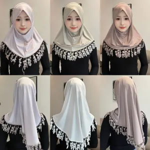 Crystal Linen Solid Color Lace Fringe Scarf Versatile Elegant Head Cover Women Fashion Headscarf Soft Brim Hijab Shawl