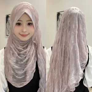 Elegant solid color crinkled hijab headscarf with soft brim, front and back view.