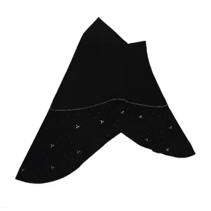 Black rhinestone clover tail hijab detail, elegant crystal linen Muslim headscarf style.