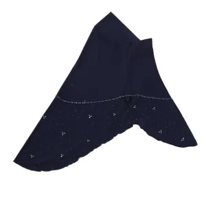 Navy blue rhinestone clover swallowtail crystal linen hijab detail view, elegant headscarf.