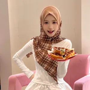 Sweet autumn winter plaid triangular headscarf detail view, stylish mesh pleated hijab design.