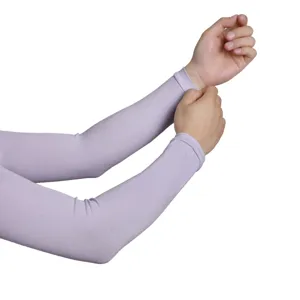 Close-up detail of light purple modal sun protection arm sleeves showing soft knitted fabric.