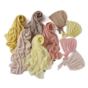 Ensemble Hijab Mousseline Bonnet noué Uni Foulard Musulman Femme Coiffe Islamique