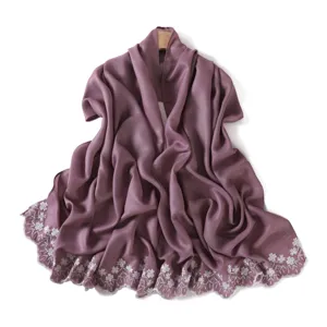 Elegant purple pearlescent long scarf with exquisite white floral embroidery and soft drape.